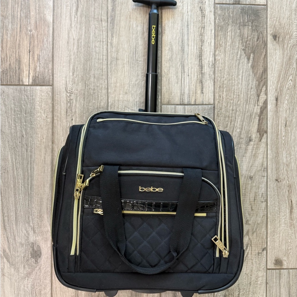 Bebe Black Quilted Travel Bag carry on with Gold Details